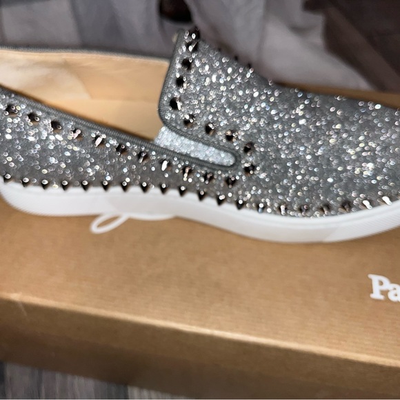 Christian Louboutin Calfskin Spikes Pik Boat Glitter Sneakers 37.5 Silver - Picture 5 of 6